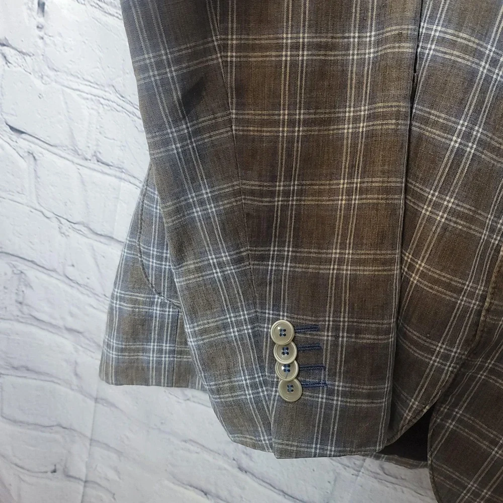 Abrams Blazer Mens  Brown Linen Cotton Plaid Sport Coat Jacket Two Button Casual